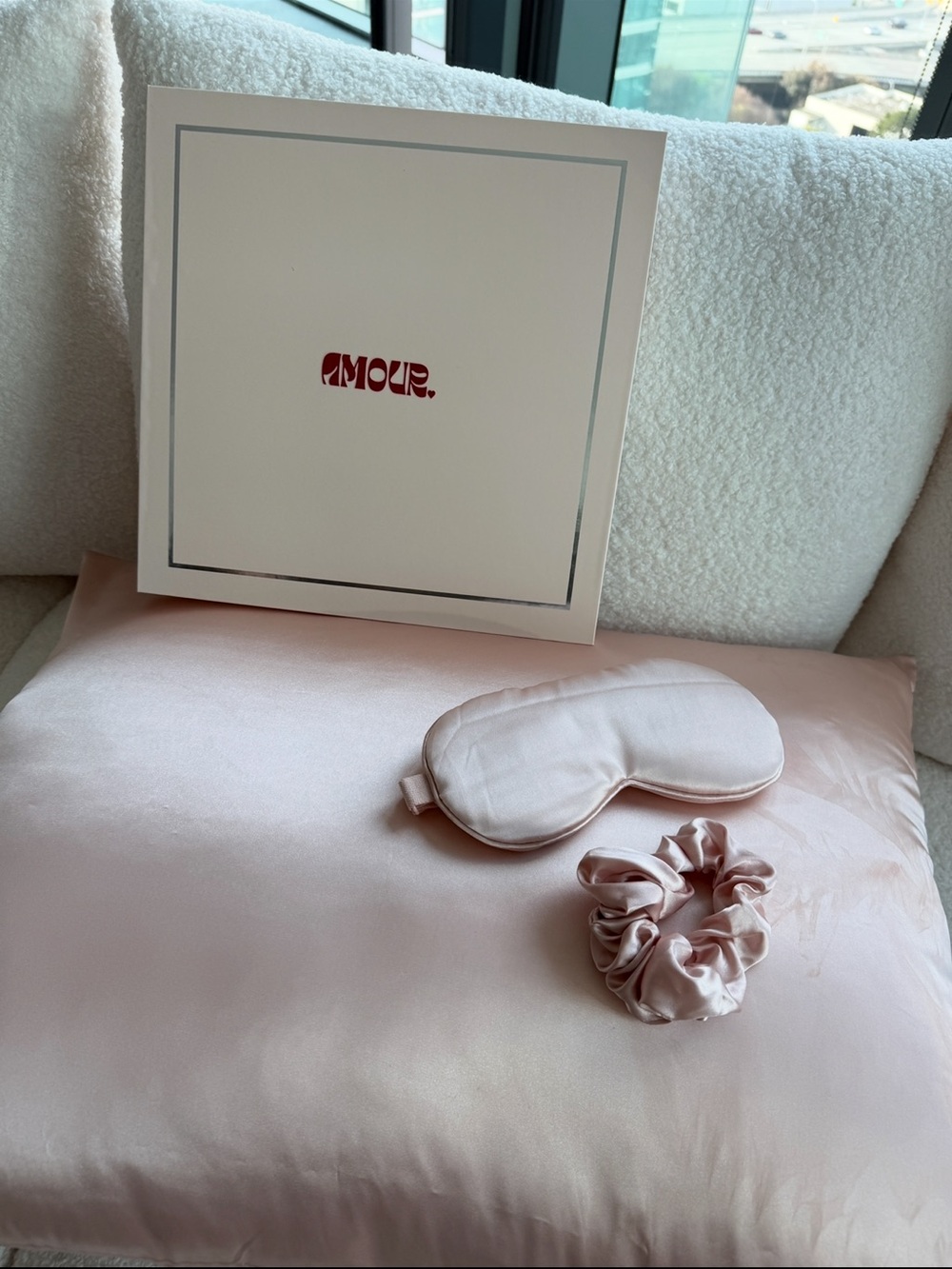 Pale Pink Satin Accent Pillow with Sleep Mask & Scrunchie